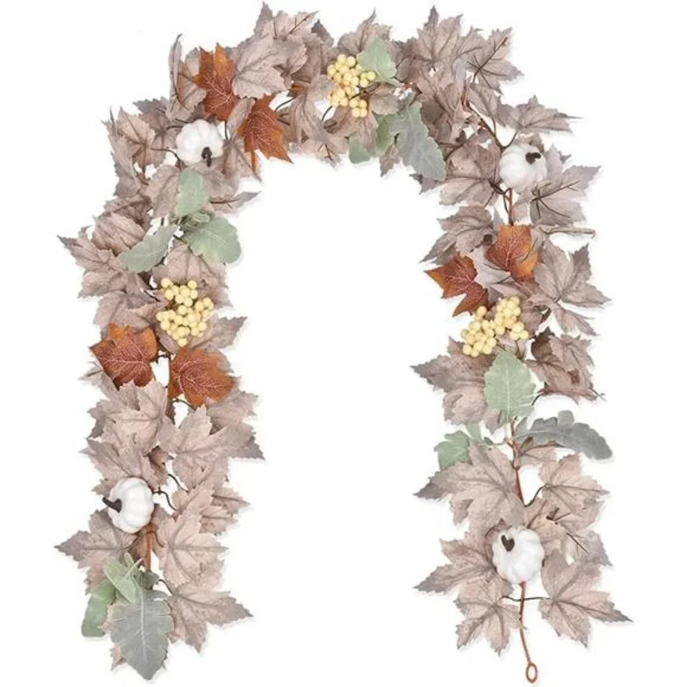 Pumpkin Fall Maple Leaf Garland, 6Ft Hanging Vine White Maple Garland